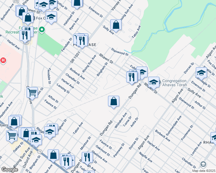 map of restaurants, bars, coffee shops, grocery stores, and more near 7914 Fox Run Lane in Philadelphia