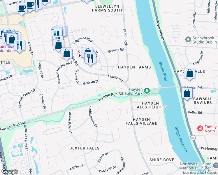 map of restaurants, bars, coffee shops, grocery stores, and more near 4586 Hayden Run Road in Columbus