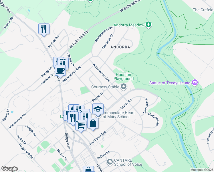 map of restaurants, bars, coffee shops, grocery stores, and more near 844 Grakyn Lane in Philadelphia