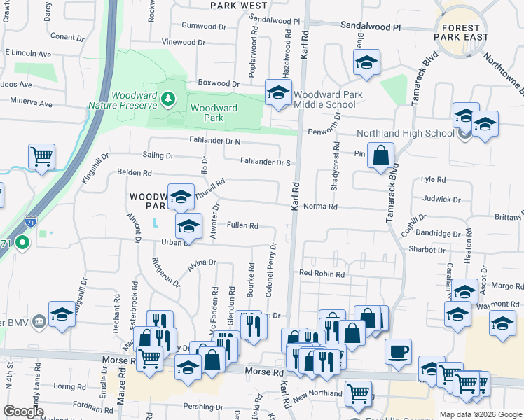 map of restaurants, bars, coffee shops, grocery stores, and more near 1493 Norma Road in Columbus