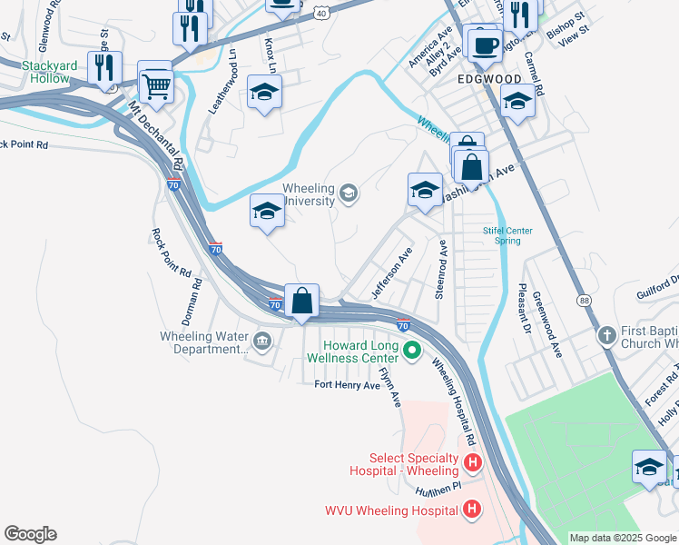 map of restaurants, bars, coffee shops, grocery stores, and more near 1094 Ignatian Way in Wheeling