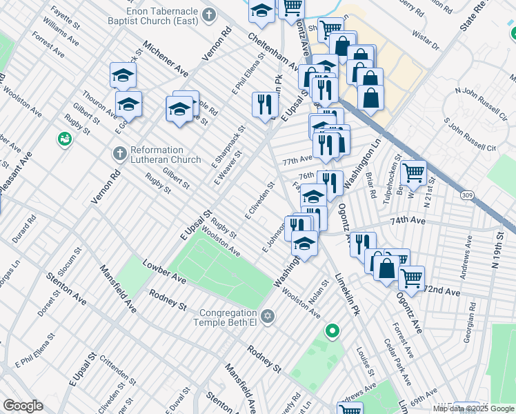 map of restaurants, bars, coffee shops, grocery stores, and more near 7554 Forrest Avenue in Philadelphia