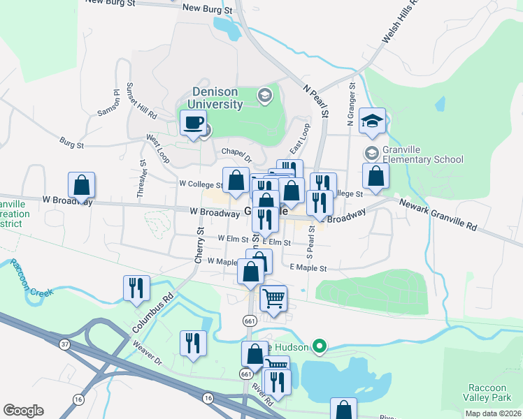 map of restaurants, bars, coffee shops, grocery stores, and more near 1884 North Main Street in Granville