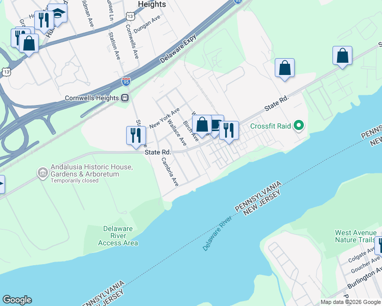 map of restaurants, bars, coffee shops, grocery stores, and more near 2167 State Road in Bensalem