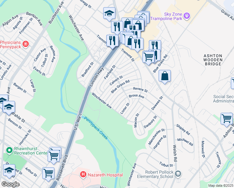 map of restaurants, bars, coffee shops, grocery stores, and more near 8832 Revere Street in Philadelphia