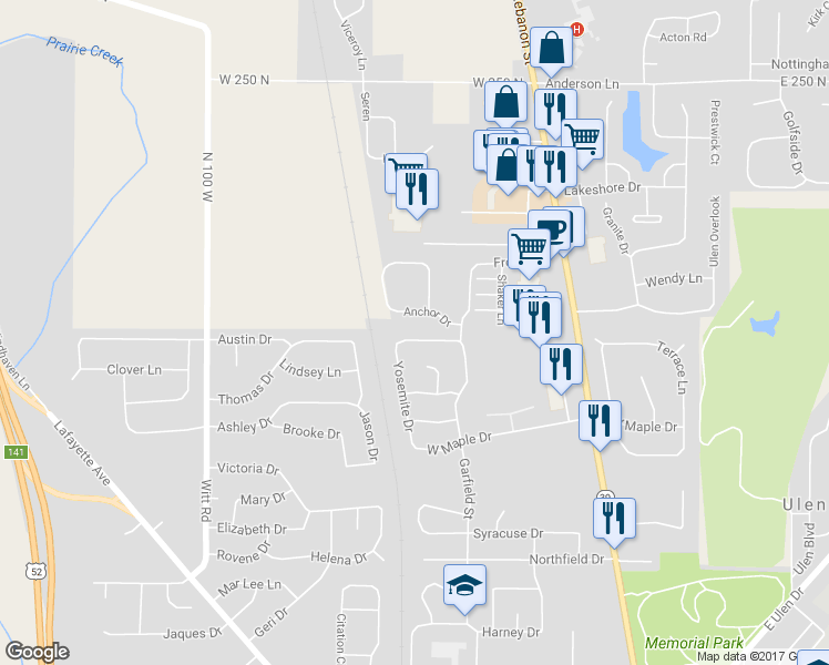 map of restaurants, bars, coffee shops, grocery stores, and more near 1016 Redwood Drive in Lebanon