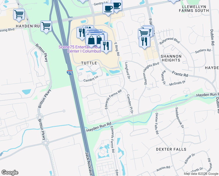 map of restaurants, bars, coffee shops, grocery stores, and more near 5591 Lincoln Center Boulevard in Dublin