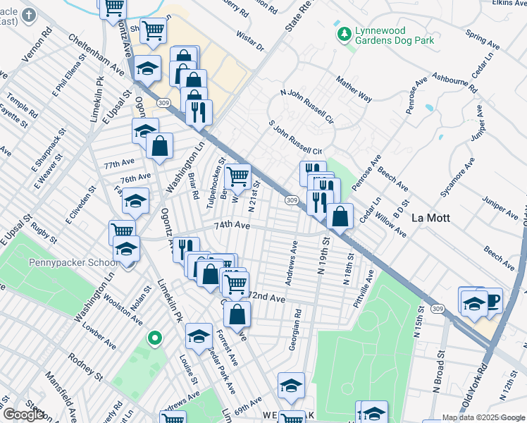 map of restaurants, bars, coffee shops, grocery stores, and more near 7432 North 20th Street in Philadelphia