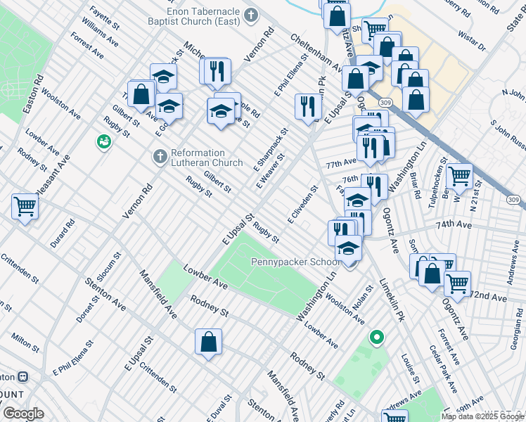 map of restaurants, bars, coffee shops, grocery stores, and more near 7653 Gilbert Street in Philadelphia