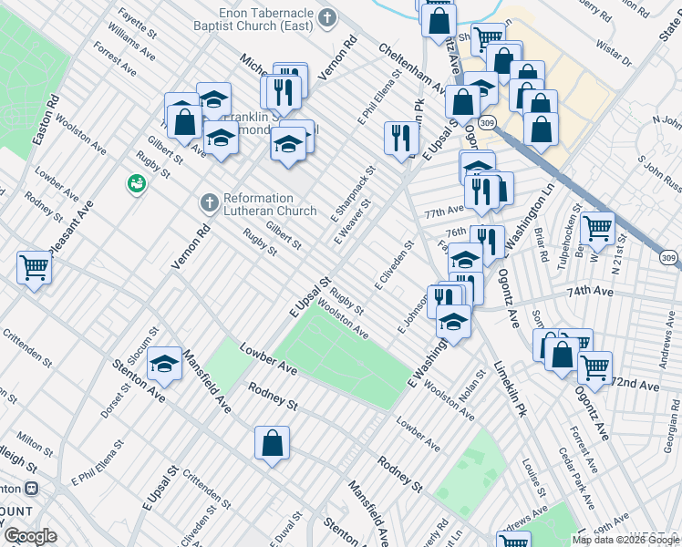 map of restaurants, bars, coffee shops, grocery stores, and more near 7700 Gilbert Street in Philadelphia