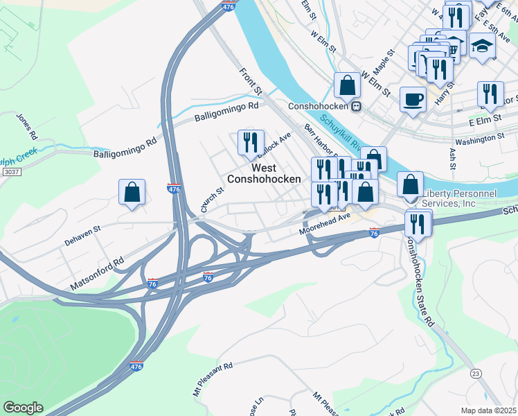 map of restaurants, bars, coffee shops, grocery stores, and more near 7 Elizabeth Street in Conshohocken