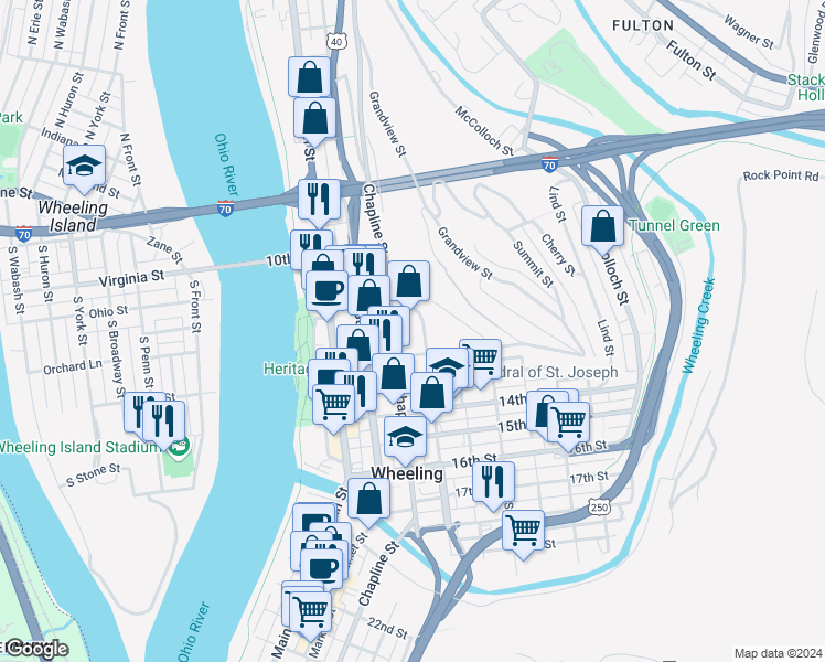 map of restaurants, bars, coffee shops, grocery stores, and more near 498 Madison in Wheeling