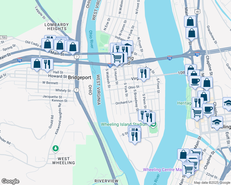 map of restaurants, bars, coffee shops, grocery stores, and more near 312 South Huron Street in Wheeling