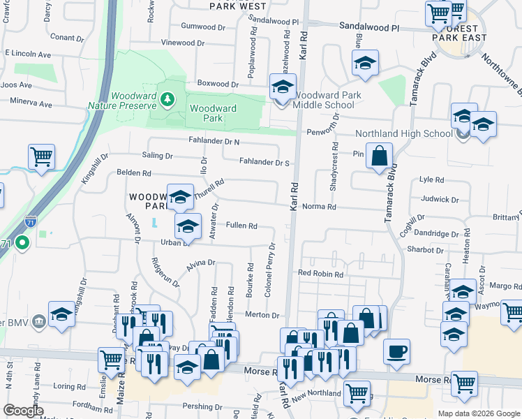 map of restaurants, bars, coffee shops, grocery stores, and more near 1493 Norma Road in Columbus