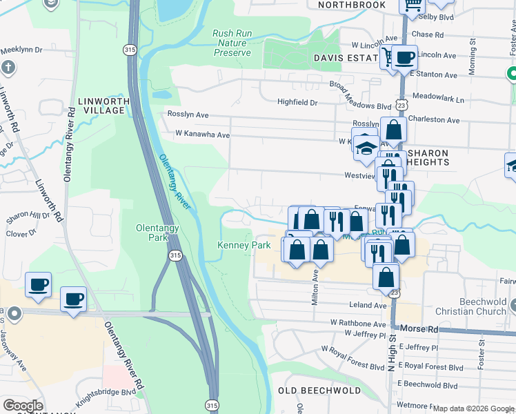 map of restaurants, bars, coffee shops, grocery stores, and more near 331 Fenway Road in Columbus