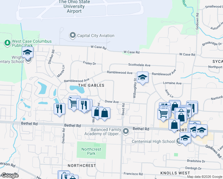 map of restaurants, bars, coffee shops, grocery stores, and more near 5468 Tinsbury Court in Columbus