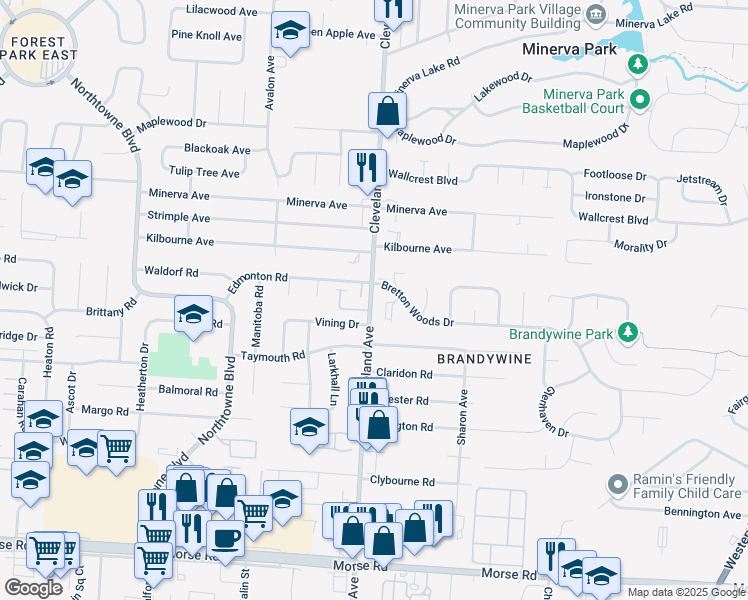 map of restaurants, bars, coffee shops, grocery stores, and more near 4836 Cleveland Avenue in Columbus