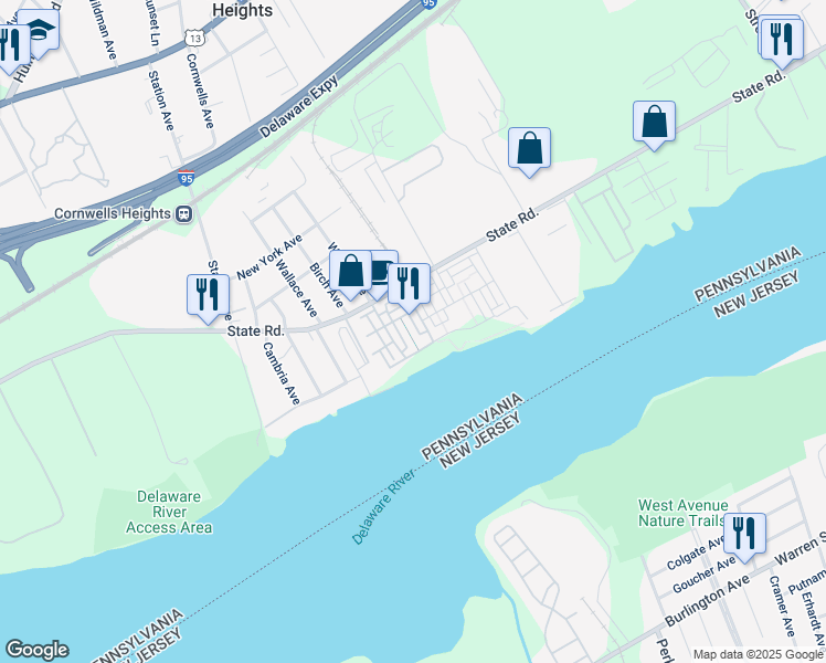 map of restaurants, bars, coffee shops, grocery stores, and more near 110 Dock Street in Bensalem