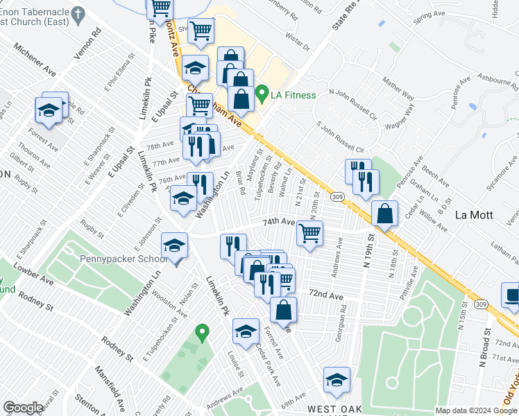 map of restaurants, bars, coffee shops, grocery stores, and more near East Tulpehocken Street in Philadelphia