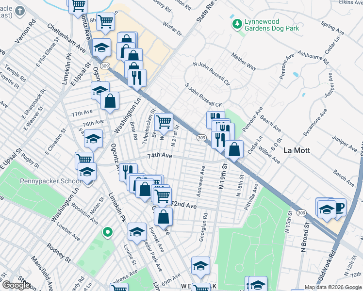 map of restaurants, bars, coffee shops, grocery stores, and more near 7423 North 20th Street in Philadelphia