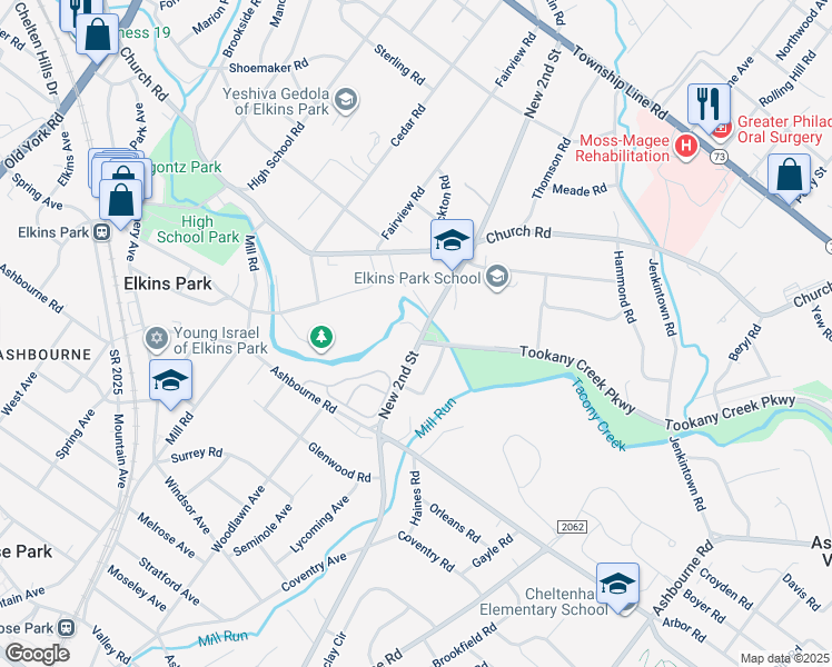 map of restaurants, bars, coffee shops, grocery stores, and more near 8102 New 2nd Street in Elkins Park