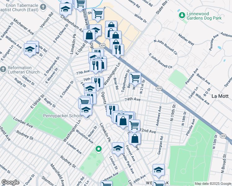map of restaurants, bars, coffee shops, grocery stores, and more near 7426 Briar Road in Philadelphia