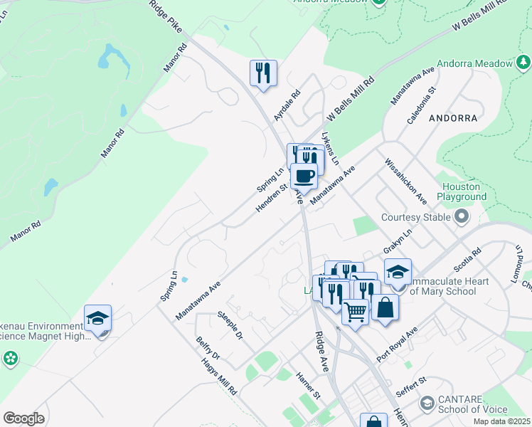 map of restaurants, bars, coffee shops, grocery stores, and more near 708 Hendren Street in Philadelphia