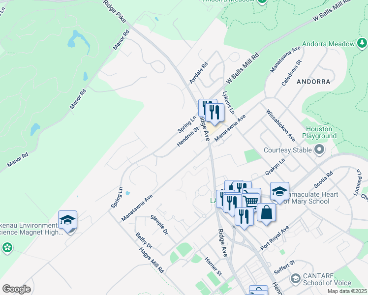 map of restaurants, bars, coffee shops, grocery stores, and more near 708 Hendren Street in Philadelphia