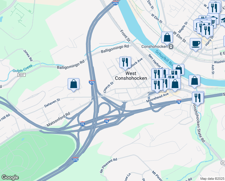 map of restaurants, bars, coffee shops, grocery stores, and more near 609 Ford Street in Conshohocken