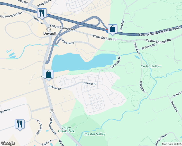 map of restaurants, bars, coffee shops, grocery stores, and more near 503 Cliff Lane in Frazer