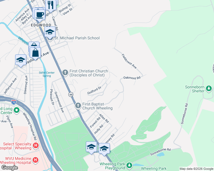 map of restaurants, bars, coffee shops, grocery stores, and more near 49 Arlington Drive in Wheeling