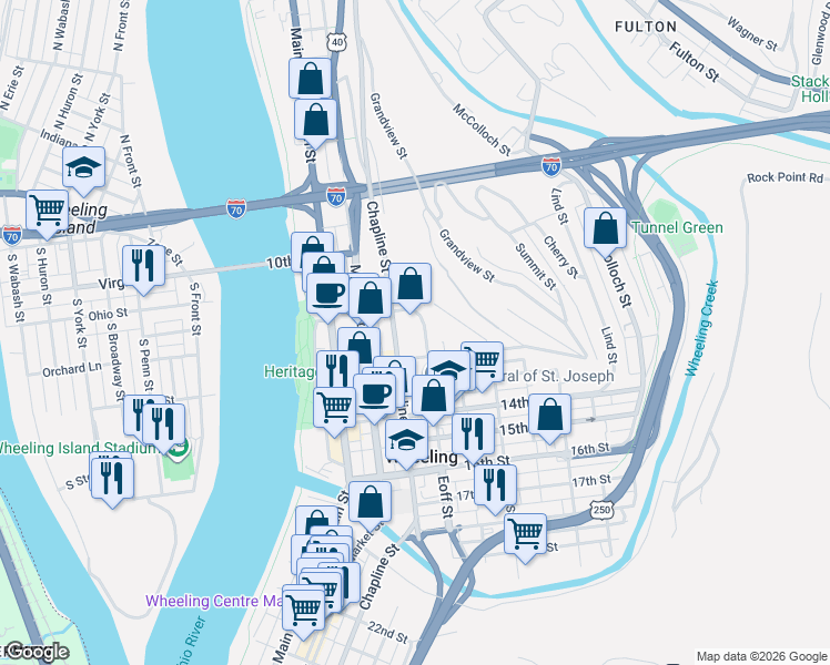 map of restaurants, bars, coffee shops, grocery stores, and more near 16 Chapline Street in Wheeling