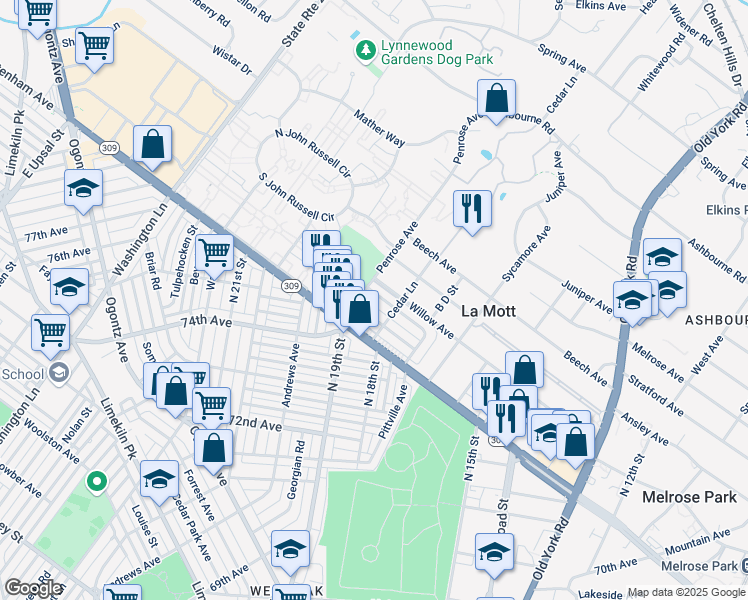 map of restaurants, bars, coffee shops, grocery stores, and more near 1819 Chelsea Road in La Mott