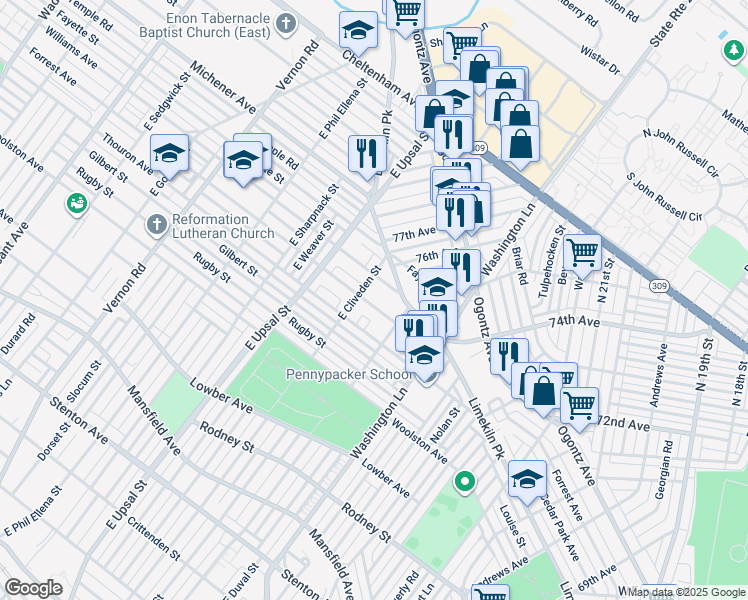 map of restaurants, bars, coffee shops, grocery stores, and more near 7545 Forrest Avenue in Philadelphia