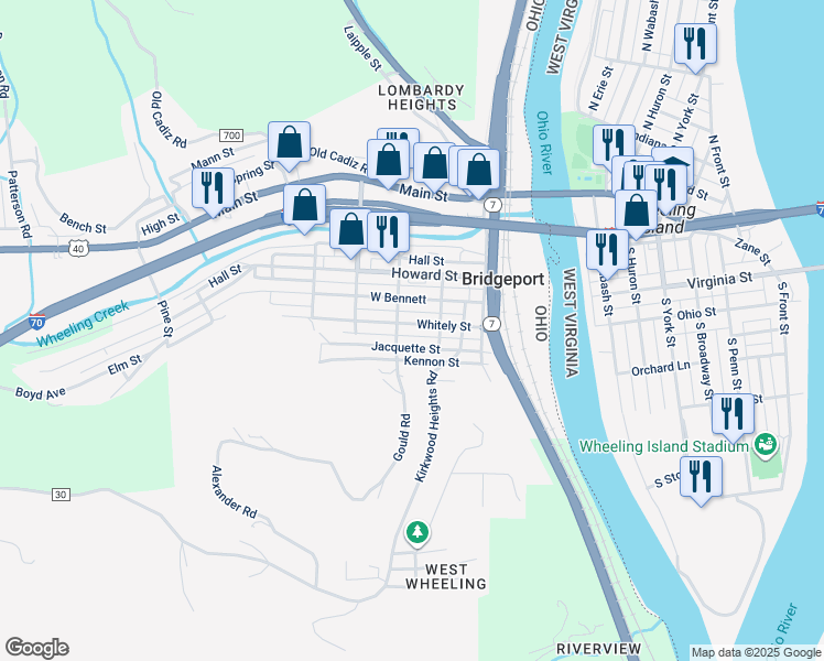 map of restaurants, bars, coffee shops, grocery stores, and more near 316 Jacquette Street in Bridgeport