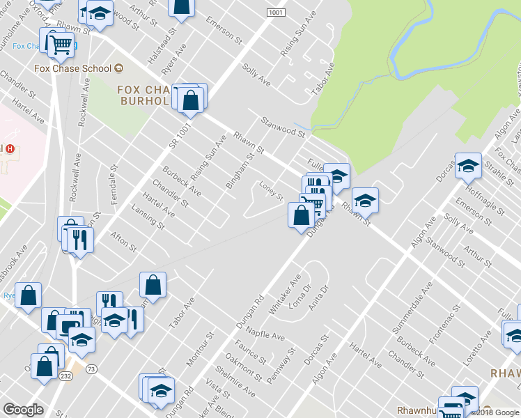 map of restaurants, bars, coffee shops, grocery stores, and more near 7918 Fox Run Lane in Philadelphia