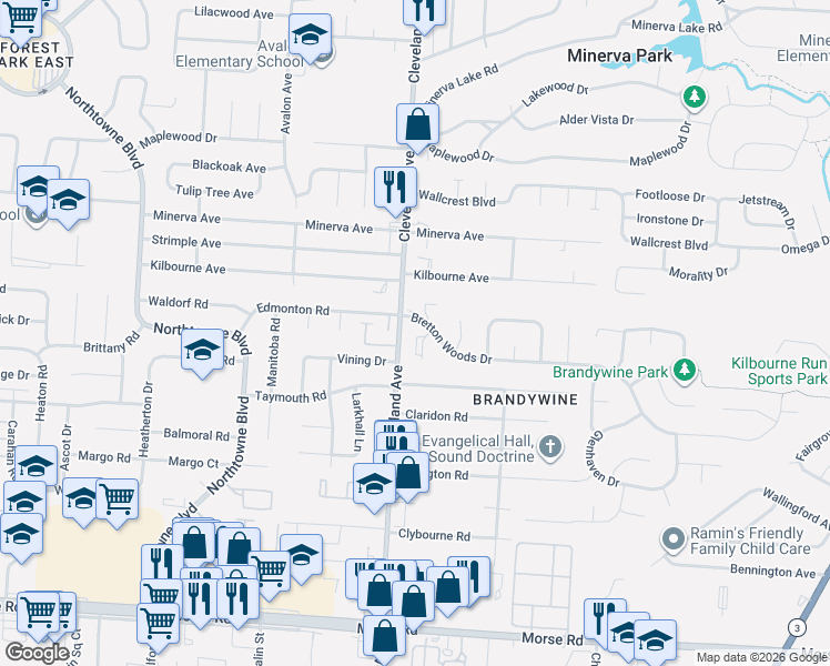 map of restaurants, bars, coffee shops, grocery stores, and more near 2509 Bretton Woods Drive in Columbus