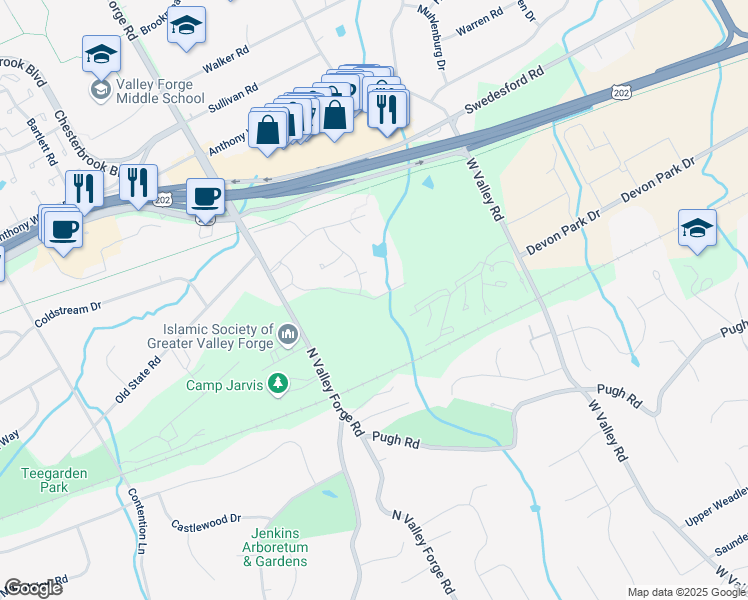 map of restaurants, bars, coffee shops, grocery stores, and more near 479 Old Forge Crossing in Devon
