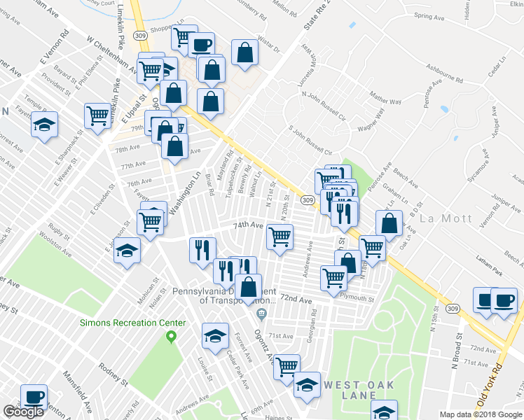 map of restaurants, bars, coffee shops, grocery stores, and more near 7430 North 21st Street in Philadelphia