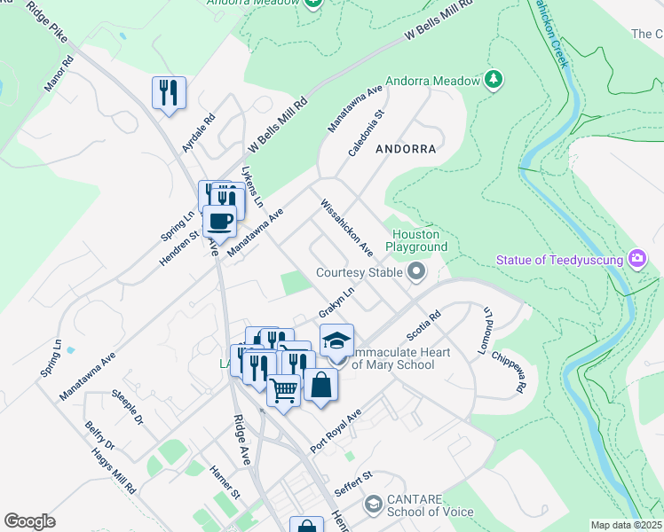 map of restaurants, bars, coffee shops, grocery stores, and more near 8715 Lykens Lane in Philadelphia