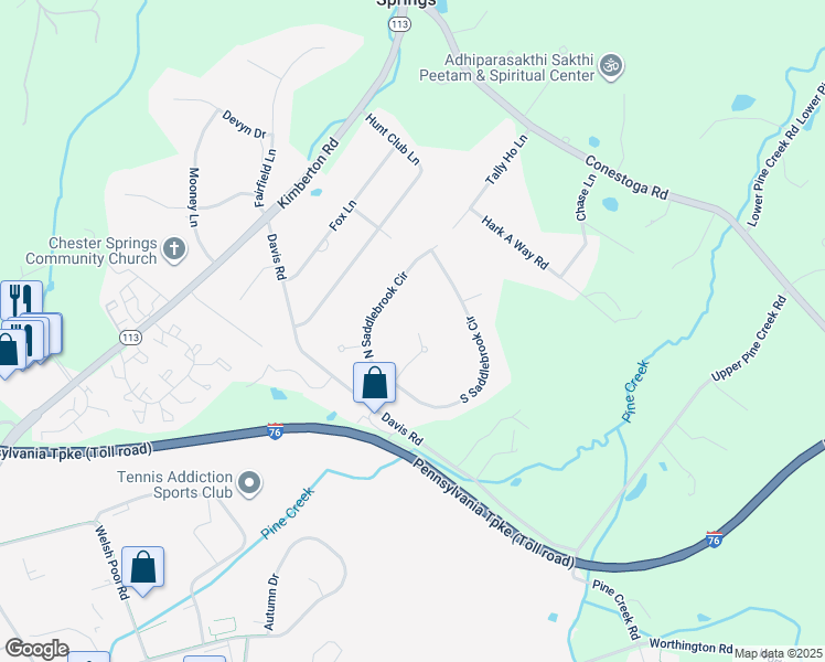 map of restaurants, bars, coffee shops, grocery stores, and more near 605 French Creek Lane in Chester Springs