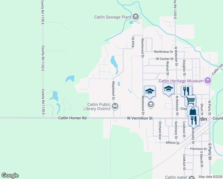 map of restaurants, bars, coffee shops, grocery stores, and more near 114 Mapleleaf Drive in Catlin