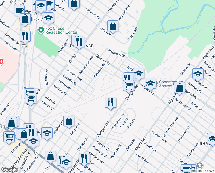 map of restaurants, bars, coffee shops, grocery stores, and more near 7918 Fox Run Lane in Philadelphia