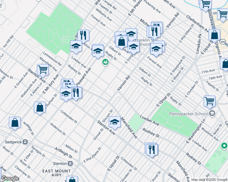 map of restaurants, bars, coffee shops, grocery stores, and more near 1031 Vernon Road in Philadelphia
