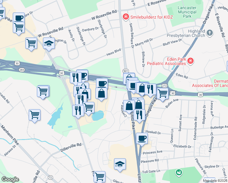 map of restaurants, bars, coffee shops, grocery stores, and more near 802 Mayer Place in Lancaster