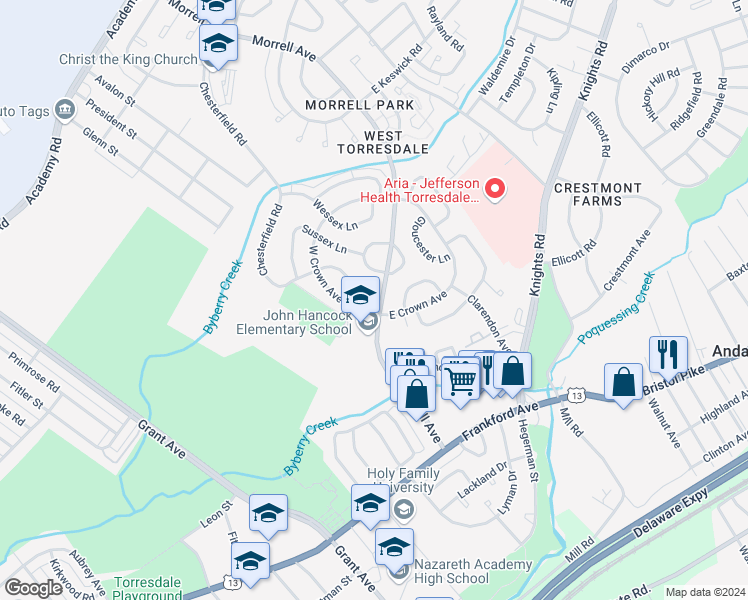 map of restaurants, bars, coffee shops, grocery stores, and more near 3654 Morrell Avenue in Philadelphia