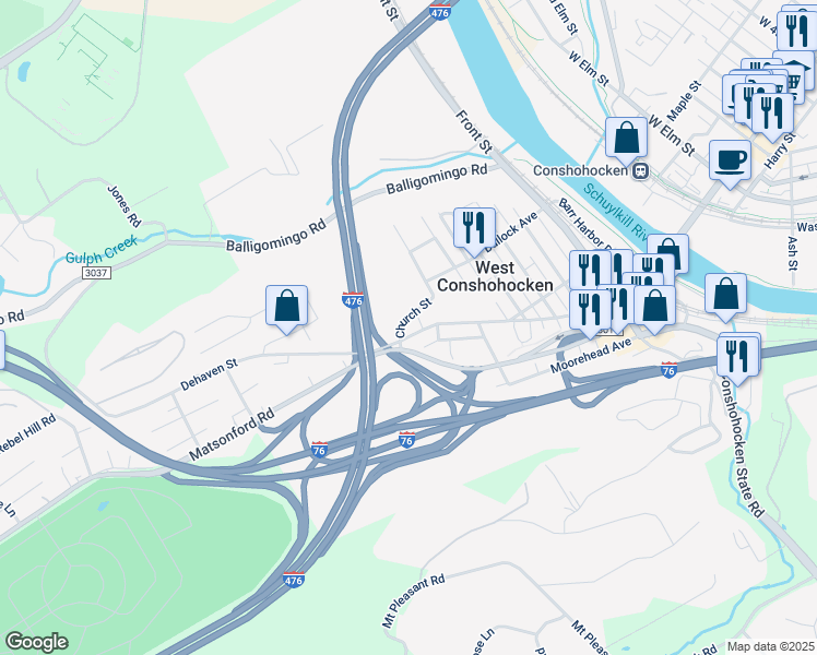 map of restaurants, bars, coffee shops, grocery stores, and more near 633 Ford Street in Conshohocken