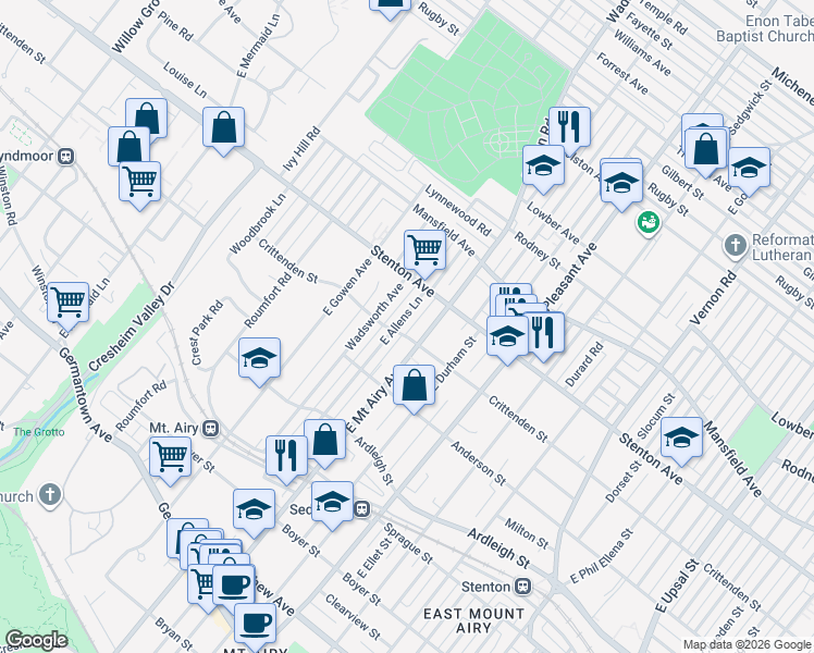 map of restaurants, bars, coffee shops, grocery stores, and more near 603 East Mount Airy Avenue in Philadelphia