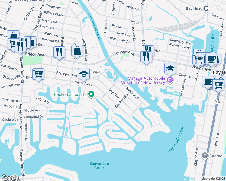 map of restaurants, bars, coffee shops, grocery stores, and more near 1852 Bay Boulevard in Point Pleasant
