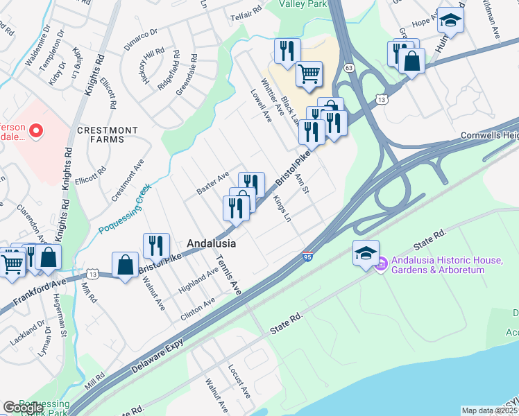map of restaurants, bars, coffee shops, grocery stores, and more near 1045 Bristol Pike in Bensalem